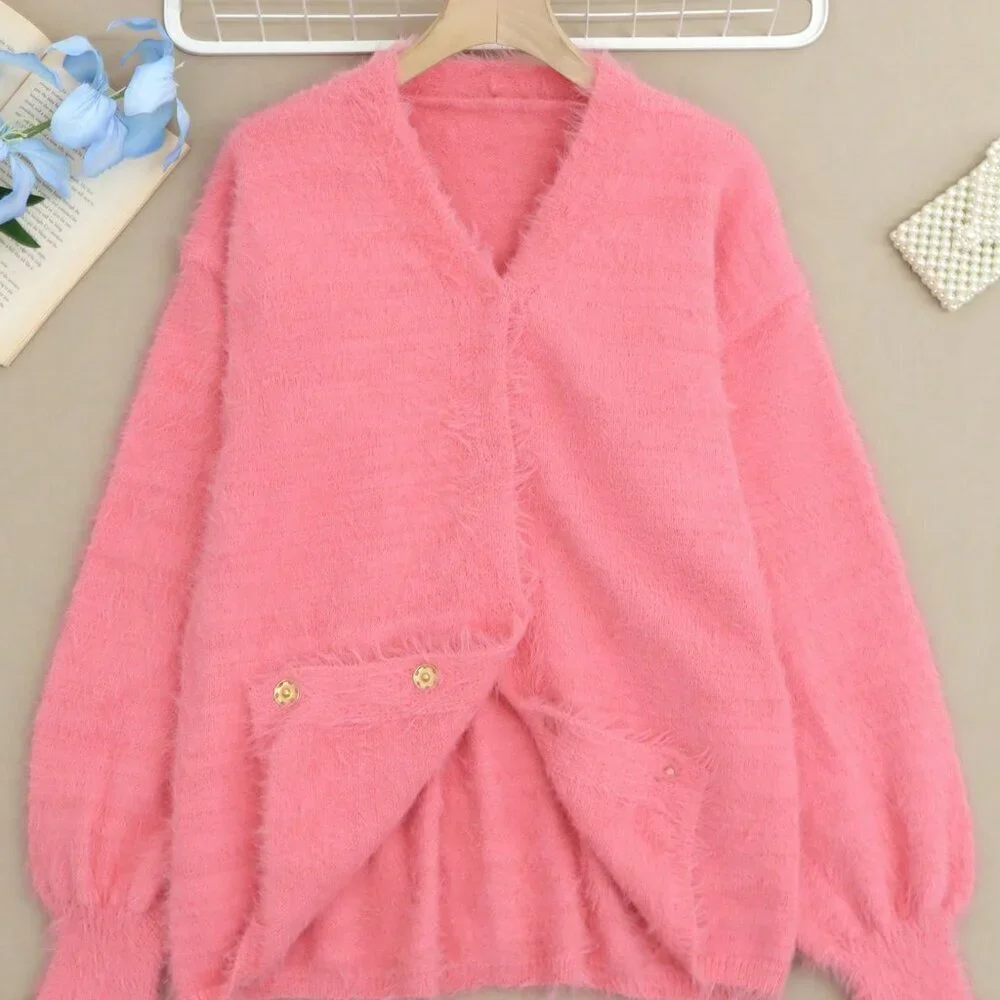 Pink Women's Casual Slouchy Loose Fuzzy V-Neck button down Long Sleeved Cardigan